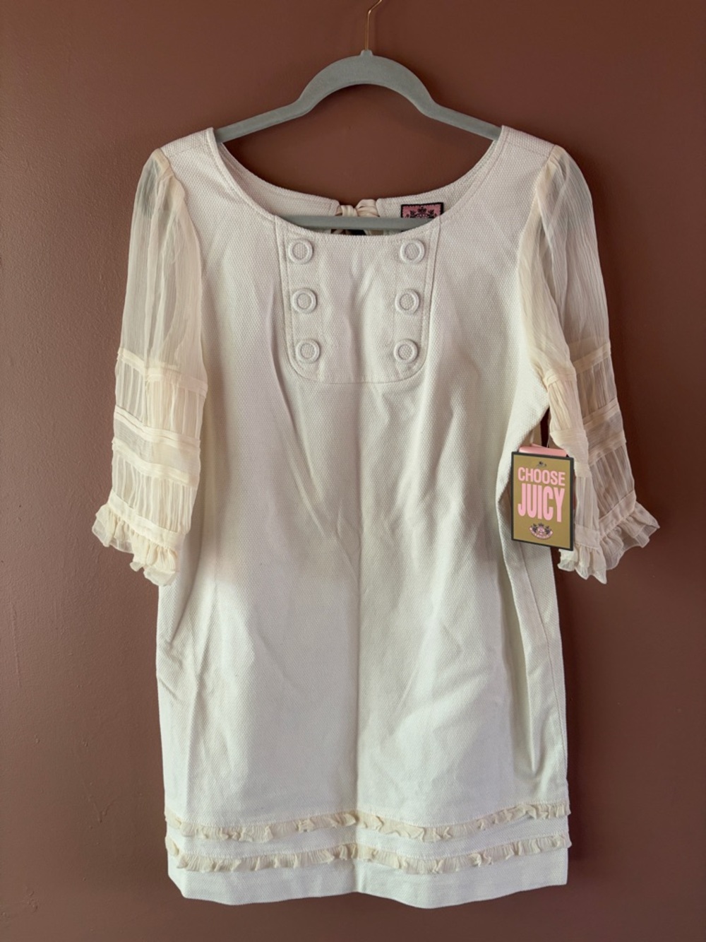 Vintage Juicy Couture Cream Textured Peasant Sleeve Women's Dress